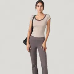 Anna-Kaci Active Women's Scoop Neck Contrast Trim Fitted Short Sleeve Active Top