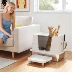 PawHut XL Stainless Steel Litter Box with Lid, Top & Side Entry Enclosed Litter Box with 100&deg; Flip Top, Scoop, Step, Non-Sticky, Anti Leakage