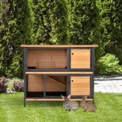 PawHut 48" 2-Story Large Rabbit Hutch Bunny Cage Wooden Pet House Metal Frame, Ramp, No Leak Tray, Trough, Waterproof Asphalt Roof for Outdoor/Indoor