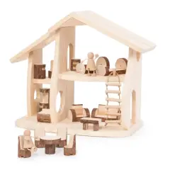 Guidecraft Woodlands Natural Wooden Multi-floor Dollhouse Set with Furniture - Kids Educational Toy Play House