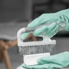 OU Scrub Brush with Ergonomic Handle, All Purpose Heavy Duty Cleaning Scrubber for Bathroom & Kitchen with Nonslip Handle, Scraper Edge & Hanging Loop