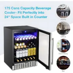 R.W.FLAME 24 Inch Beverage Fridge with Clear Glass Door, Digital Memory Temperature Control, for Cans and Soda, LED Lighting, Quiet Operation