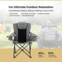 Arrowhead Outdoor Portable Folding Camping Quad Chair w/ 6-Can Cooler, Heavy-Duty Carrying Bag, Supports up to 450lbs (Granite Grey)