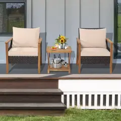 Tangkula 3 Pieces PE Wicker Patio Bistro Set Outdoor Acacia Wood Conversation Set with Cushions and 2-Tier Coffee Table