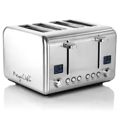 MegaChef 4 Slice Toaster in Stainless Steel Silver: Defrost, Reheat, Bagel, Adjustable Thermostat, Crumb Tray, 1800W