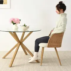 Modern Rattan Dining Chairs, Armchairs with Double-Woven Rattan Back and Beige Upholstered Seat, Natural Style Kitchen Chairs-Maison Boucle