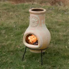 Vintiquewise Outdoor Clay Chimenea Sun Design Charcoal Burning Fire Pit with Metal Stand