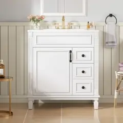 Gulches 30 inch Bathroom Vanity with Ceramic Sink Small Bathroom Cabinet Modern 2 Drawers Adjustable Shelf French Simplicity Style White