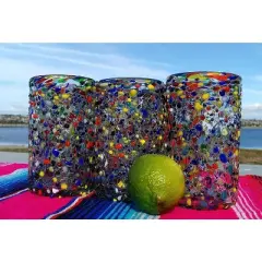 Dos Sue��os Mexican Hand Blown  Drinking Glasses - Confetti Rock Design - 14oz - Set of 6