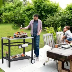 Portable Stainless Steel Outdoor Grill Cart Featuring a Double Shelf, Equipped with Gas Tank Hooks