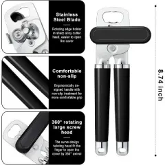 Large Heavy Duty Can Opener Manual Smooth Edge Stainless Steel, Comfortable Handle, Built-in Bottle Opener, 8.66 inch