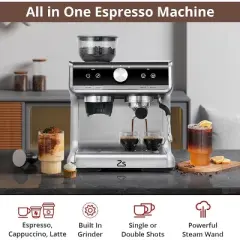 20 Bar Semi-Automatic Espresso Maker with Bean Grinder and Milk Frother Steam Wand