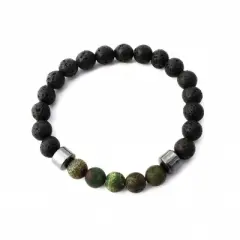 Plantlife Aromatherapy Bracelet - Dark Green Cracked Agate Stretch, Lava Rock & Natural Stone Jewelry for Essential Oil Diffusion & Wellness