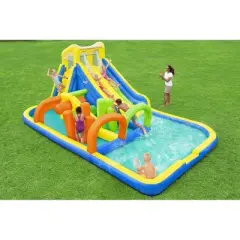 Bestway H2OGO! AquaRace Kids Inflatable Outdoor Water Park with Dual Slides, Built-In Sprayer, Splash Pool, Storage Bag, & Air Blower for Quick Setup