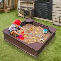 VEVOR Sandbox with Cover, 48.6x48.6x12.4 in Square Sand Box, HDPE Sand Pit with 4 Corner Seating and Bottom Liner, for Boys Girls Ages 3-12, Brown