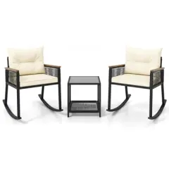 Costway 3 PCS Outdoor Rocking Bistro Set with 2-Tier Coffee Table, Acacia Wood Armrests