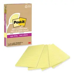 Post-it Notes Super Sticky 100% Recycled Paper Super Sticky Notes, Ruled, 4" x 6", Canary Yellow, 45 Sheets/Pad, 4 Pads/Pack