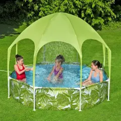 H2OGO! Kids Splash-in-Shade 8-Foot Round Steel Frame Above Ground Pool with Water Mister and Canopy Sunshade, Green Tropical Leaf Print