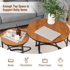 Tangkula 2PCS Stacking Metal Legs Modern Side Round Nesting Coffee Table w/ Wooden Tabletop for Living room Rustic Brown/Brown