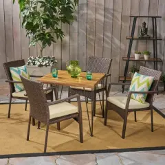 Christopher Knight Home Tatum Outdoor Acacia Wood and Wicker 5 Piece Dining Set with Cushion, Teak/Brown/Cream