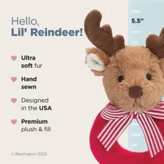 Bearington Baby Lil' Reindeer Christmas, 5.5 Inch Christmas Reindeer Plush Stuffed Animal, Soft Baby Rattles and Plush Rings