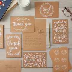 Pipilo Press 48 Pack Kraft Blank Thank You Cards & Postcards with Envelopes for Wedding, Baby Shower, Leaf Design, 4 x 6 in