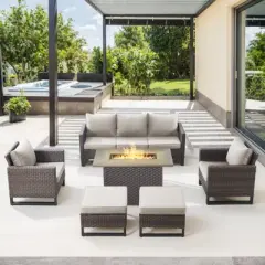 POCASSY 6PCS Patio Sectional Furniture Set with Fire Pit Table, All Weather Brown Wicker Sofa Couch, Patio Chairs and 41" Propane Fire Pit
