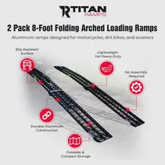Titan Ramps 2 Pack 8 Foot Folding ATV Loading Ramps, Arched Aluminum Design, Portable and Heavy Duty with 1,200 Pound Weight Capacity, Black