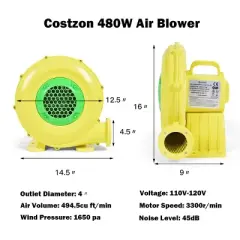 Costway Air Blower Pump Fan 480 Watt 0.6HP For Inflatable Bounce House Bouncy Castle
