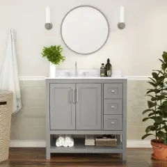 Flash Furniture Vega Bathroom Vanity with Sink, Storage Cabinet with Soft Close Doors, Open Shelf and 3 Drawers, Carrara Marble Finish Countertop