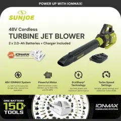 Sun Joe Cordless Brushless Turbine Jet Blower Kit with 2 Batteries and Charger for No-Fade Power and 50 Minutes of Rechargeable Runtime, 24V-X2-JB500