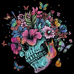 Junior's Design By Humans Floral Butterfly Skull Funny Halloween Costume Hippie Flower By JeilJersey T-Shirt