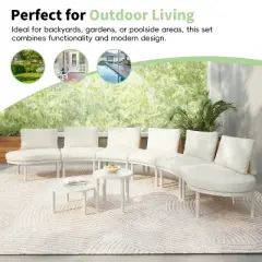 FIONECA 8-Piece Half Moon Outdoor Sectional Sofa Set with 2 Coffee Tables, Beige PE Wicker Patio Furniture with Cushions & 6 Pillows