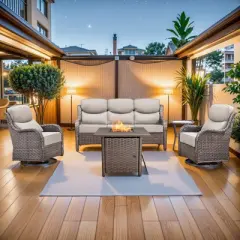 Buenhomino 5Pcs Patio Furniture Set with Fire Pit - Wicker Patio Conversation Set with Swivel Glider, Wicker Sofa, Tempered Side Table,6-inch Cushion