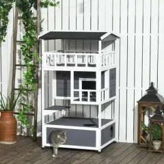 PawHut Wooden Outdoor Cat House, Feral Cat Shelter Kitten Tree with Asphalt Roof, Escape Doors, Condo, Jumping Platform