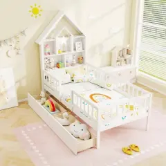 Tangkula Twin Size House Bed w/ 2 Drawers Kids Montessori Bed w/ Storage Headboard
