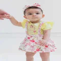 Disney Princess Belle Ariel Tiana Baby Girls Bodysuit French Terry Jumper and Headband 3 Piece Outfit Set Newborn to Infant