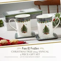 Spode Christmas Tree 5-Piece Mug & Tin Set - Fine China Mugs & Cork Coasters, Holiday Beverage Essentials, Festive Gift for Collectors