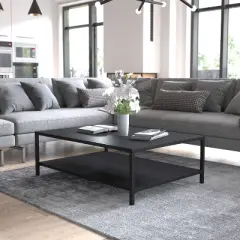 Flash Furniture Brock Outdoor 2 Tier Patio Coffee Table Commercial Grade Black Coffee Table for Deck, Porch, or Poolside-Steel Square Leg Frame