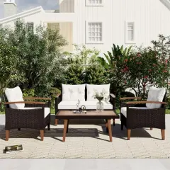 ELJGET 4PCS Patio Furniture Set Rattan Wicker Conversation Set with Wooden Coffee Table & Beige Cushions