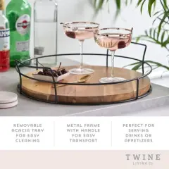 Twine Modern Manor Cocktail Tray, Round Serving Platter with Handles for Drinks, Appetizers, Acacia Wood, Metal, 15.37&Prime; Diameter, Set of 1
