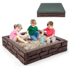 Costway Kids Sandbox with Cover Bottom Liner Backyard Beach HDPE Sandpit for Outdoor Play Brown/White/Gray