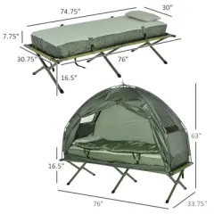 DSVIMOY Patio Camping Tents, Foldable Camping Cot with Tent, Sleeping Bag and Thick Air Mattress, Elevated Camping Bed Tent, Green, 76"*32"*41"