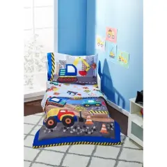 Everyday Kids 4 Piece Toddler Bedding Set - Under Construction - Includes Comforter, Flat Sheet, Fitted Sheet and Reversible Pillowcase