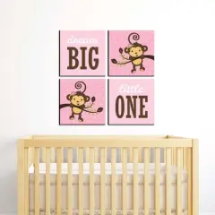 Big Dot of Happiness Pink Monkey Girl - Kids Room, Nursery Decor and Home Decor - 11 x 11 inches Nursery Wall Art - Set of 4 Prints for baby's room