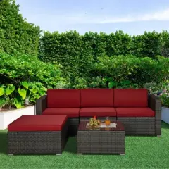 5pc Rattan Wicker Outdoor Conversation Set - Gray/Red - GODEER