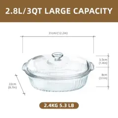 Itopfox 3Qt Glass Casserole Dish with Lid, Ribbed Oval Baking Dish for Oven & Microwave, Clear Lead-Free Covered Cookware, Deep Food Container