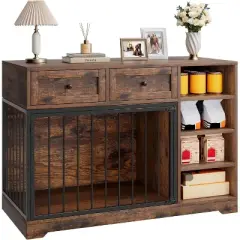 Acekool 47" Farmhouse Dog Crate Furniture with Storage Drawers & Shelves for Large Dogs