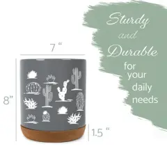 Elanze Designs 8 inch Cactus Desert Plant Pattern Large Ceramic Kitchen Utensil Holder Gray and White Crock with Cork Base