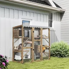PawHut Catio Outdoor Cat Enclosure, Wooden Cat House with Window Access, 5 Platforms and 2 Resting Boxes, Waterproof Roof for Multiple Cats, Brown
